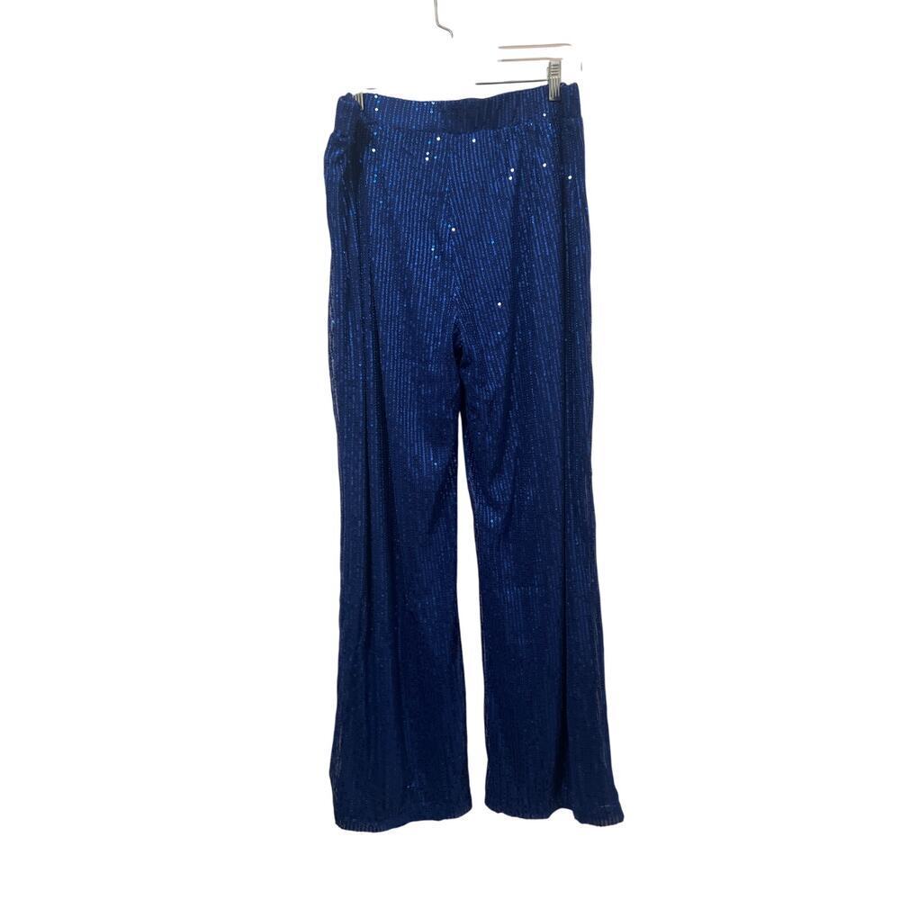 Women's Blue Elastic Waist Sparkly Sequins Wide Leg Pull On Pants Size 2XL - Picture 2 of 6